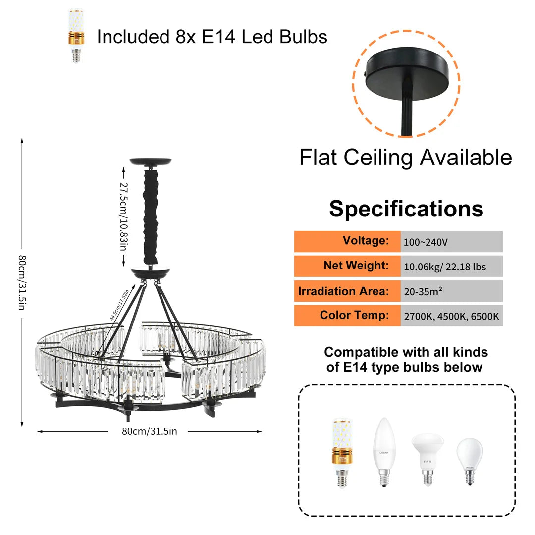 LUVODI Adjustable Height Round Crystal Pendant Chandelier with Black Finish and Three Light Color Options