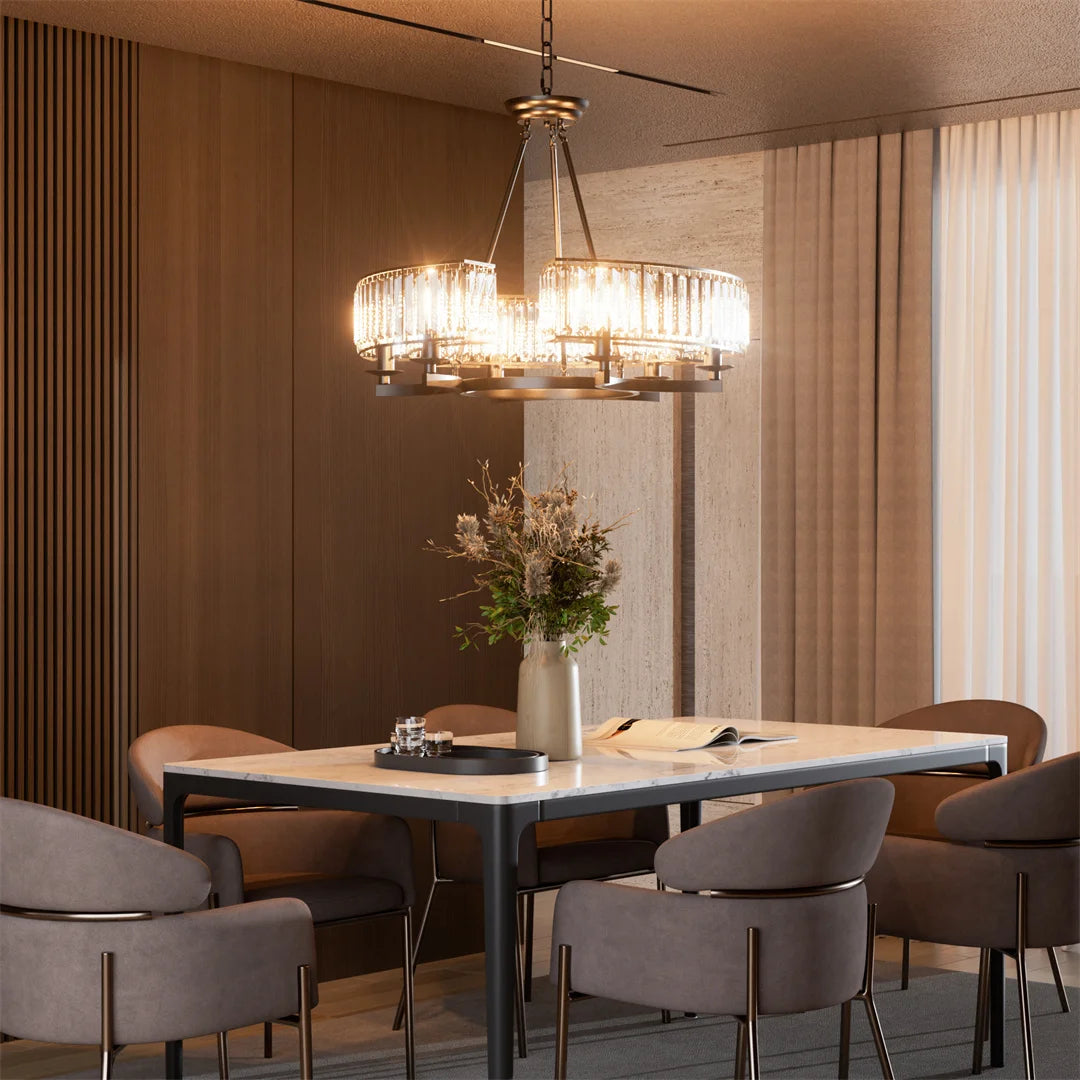 LUVODI Adjustable Height Round Crystal Pendant Chandelier with Black Finish and Three Light Color Options