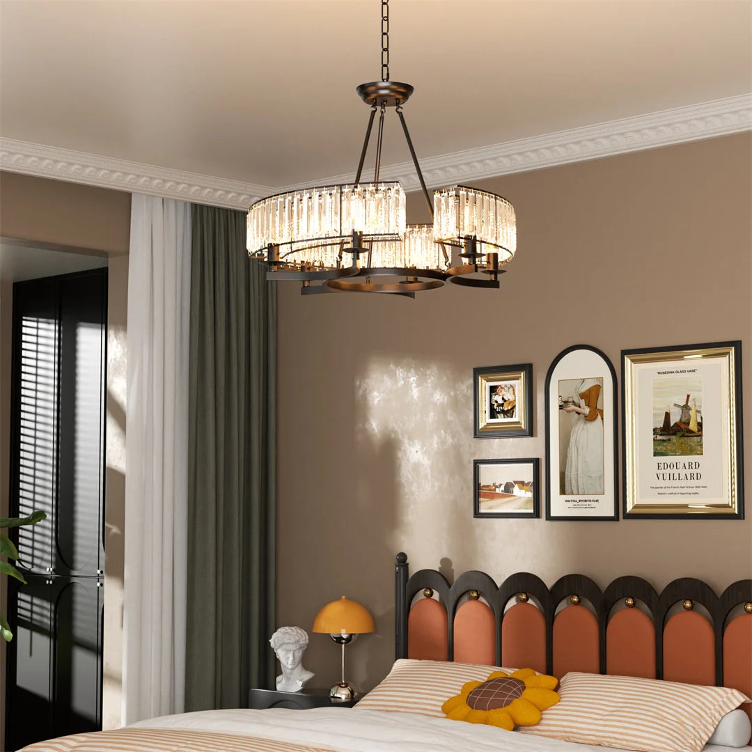 LUVODI Adjustable Height Round Crystal Pendant Chandelier with Black Finish and Three Light Color Options