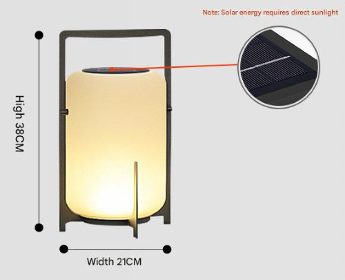 Solar-powered outdoor lamp with dimensions and solar panel inset on a white background