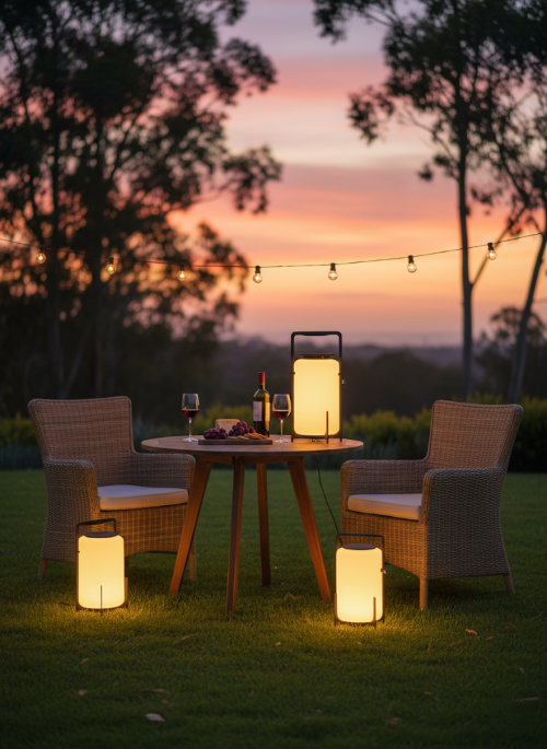 Outdoor setting with chairs, table, and lanterns at sunset.