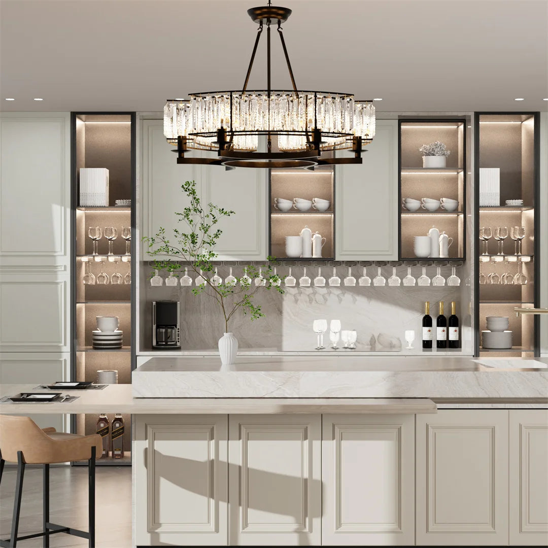 LUVODI Adjustable Height Round Crystal Pendant Chandelier with Black Finish and Three Light Color Options