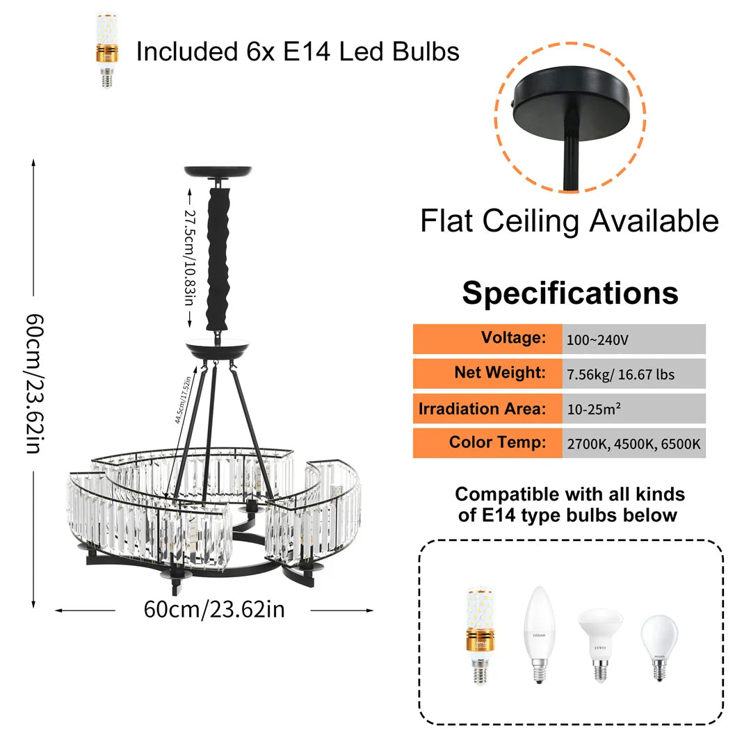 LUVODI Adjustable Height Round Crystal Pendant Chandelier with Black Finish and Three Light Color Options