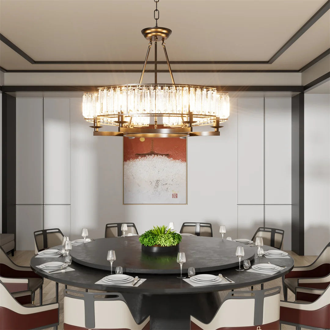 LUVODI Adjustable Height Round Crystal Pendant Chandelier with Black Finish and Three Light Color Options