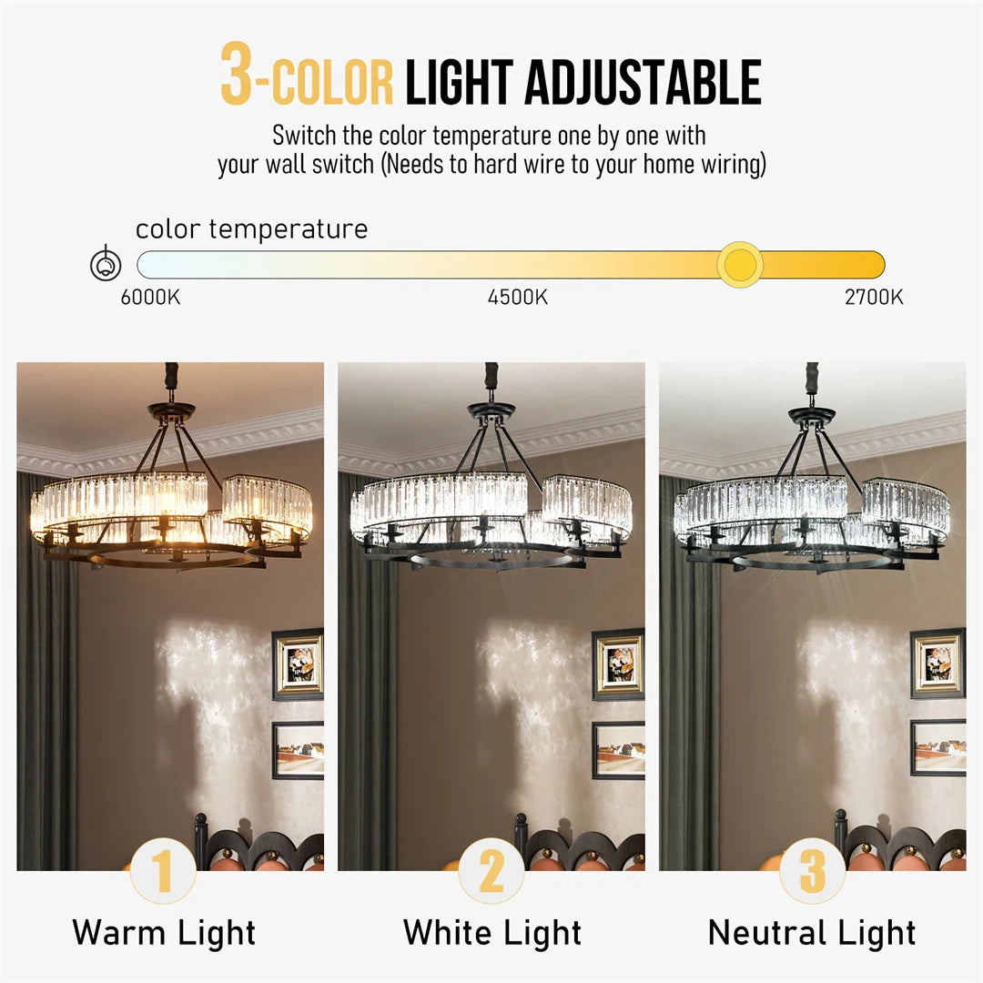 LUVODI Adjustable Height Round Crystal Pendant Chandelier with Black Finish and Three Light Color Options